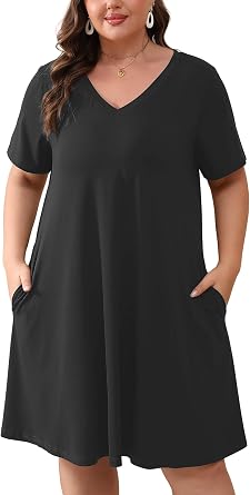AusLook Plus Size Midi Dress for Women Loose V Neck Short Sleeve Summer Casual A Line T Shirt Sundresses with Pockets 1X-5X