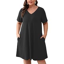 AusLook Plus Size Midi Dress for Women Loose V Neck Short Sleeve Summer Casual A Line T Shirt Sundresses with Pockets 1X-5X