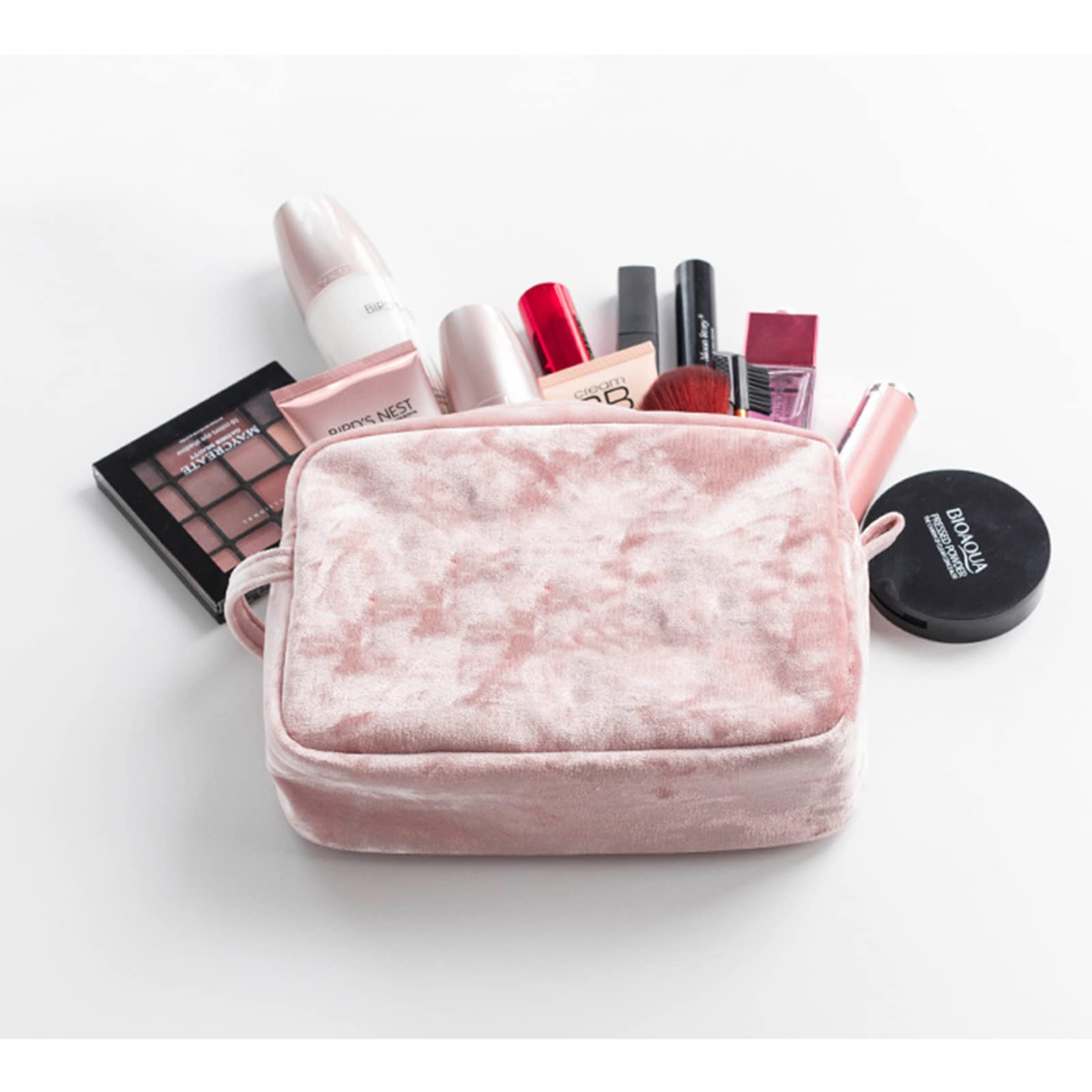 Borsa per il trucco in velluto con cerniera da donna Borsa per cosmetici grande da viaggio per il trucco Borsa per il trucco femminile in tinta una Borsa per il trucco necessaria  1524