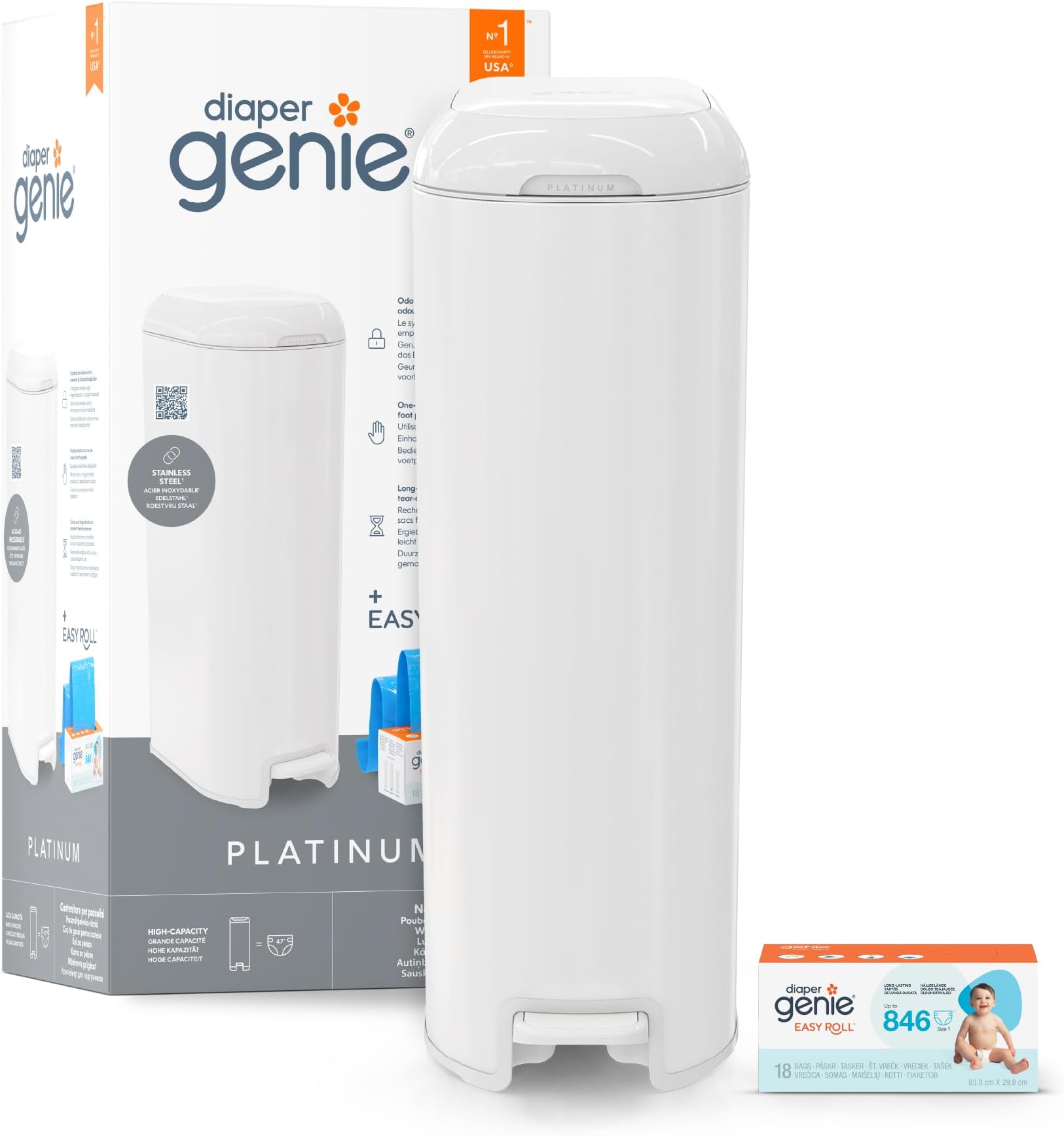 Diaper Genie Platinum – Stainless Steel Diaper Pail | Large Capacity 47 Diapers | Odor Control | Hands-Free Pedal | White