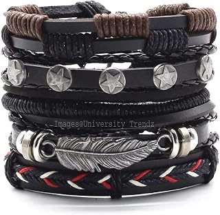 University Trendz 5 PCS Braided Multilayer Adjustable Unisex Leather Bracelet Wrap for Men Women (Black) Price In India