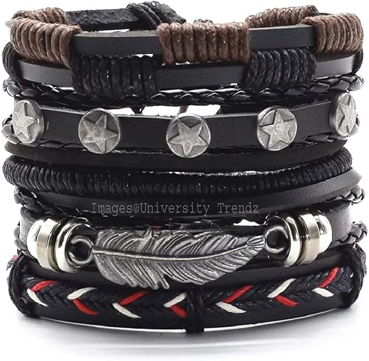 University Trendz 5 PCS Braided Multilayer Adjustable Unisex Leather Bracelet Wrap for Men Women (Black)