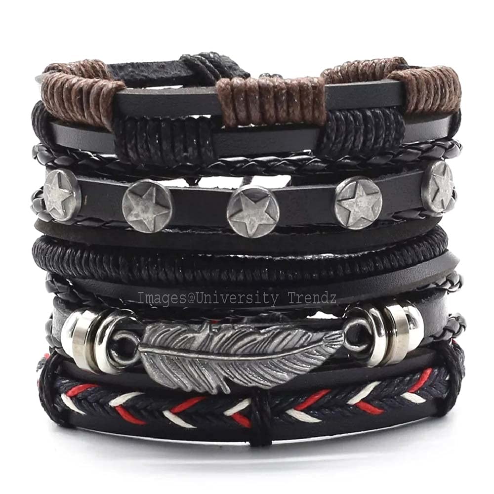 University Trendz 5 PCS Braided Multilayer Adjustable Unisex Leather Bracelet Wrap for Men Women (Black) - Review, Price and Buying Guide