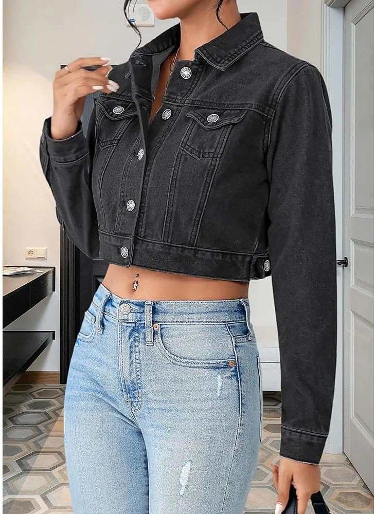 Women's Cropped Denim Jean Jacket Button Down Frayed Washed Long Sleeve Casual Jacket Coats - Image 9