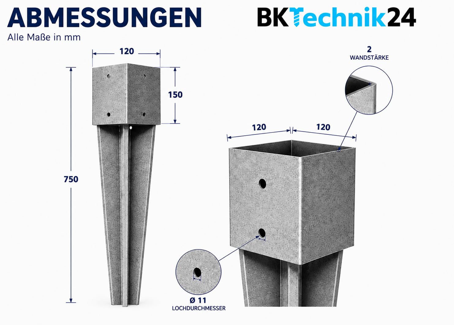 Einschlagbodenhülse 120x120x750 4 Stück Feuerverzinkter Pfostenträger aus Stahl für Vierkantpfosten Bodenhülse Einschlaghülse Bodenanker für Zaun Carport Pergola und Holzpfosten