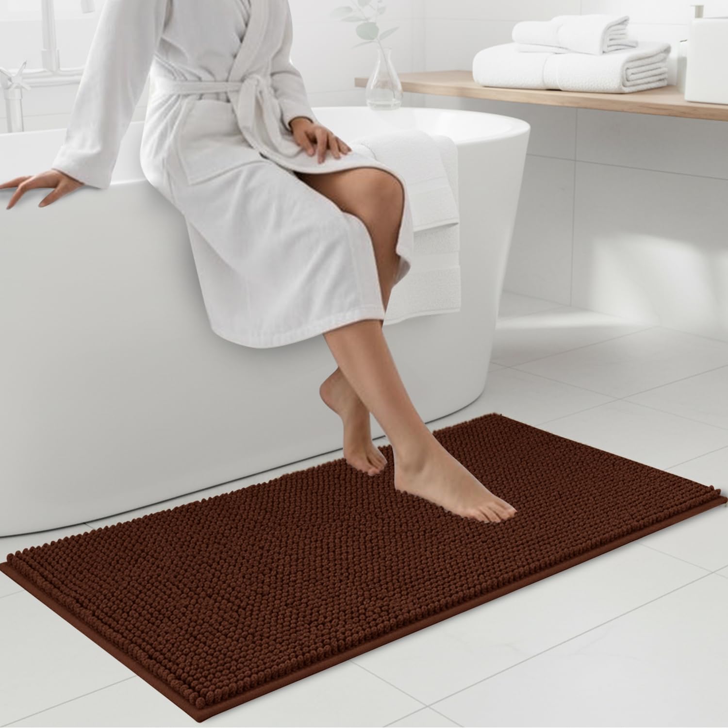 Hafaa Bath Mat Non Slip Anti Mould – Brown Chenille Bathroom Mat 60 x 90 cm Machine Washable Bath mats Super Absorbent Extra Soft Fluffy Shower mat