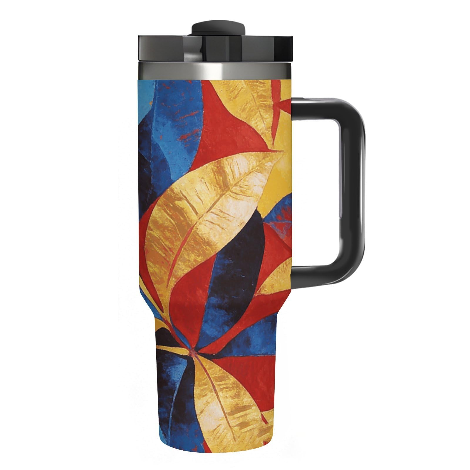 Tazza da caffè da viaggio con foglie astratte in acciaio inossidabile, tazza da caffè con coperchio e cannuccia, tazza con manico, grande capacità, doppia parete, sottovuoto, a prova di
