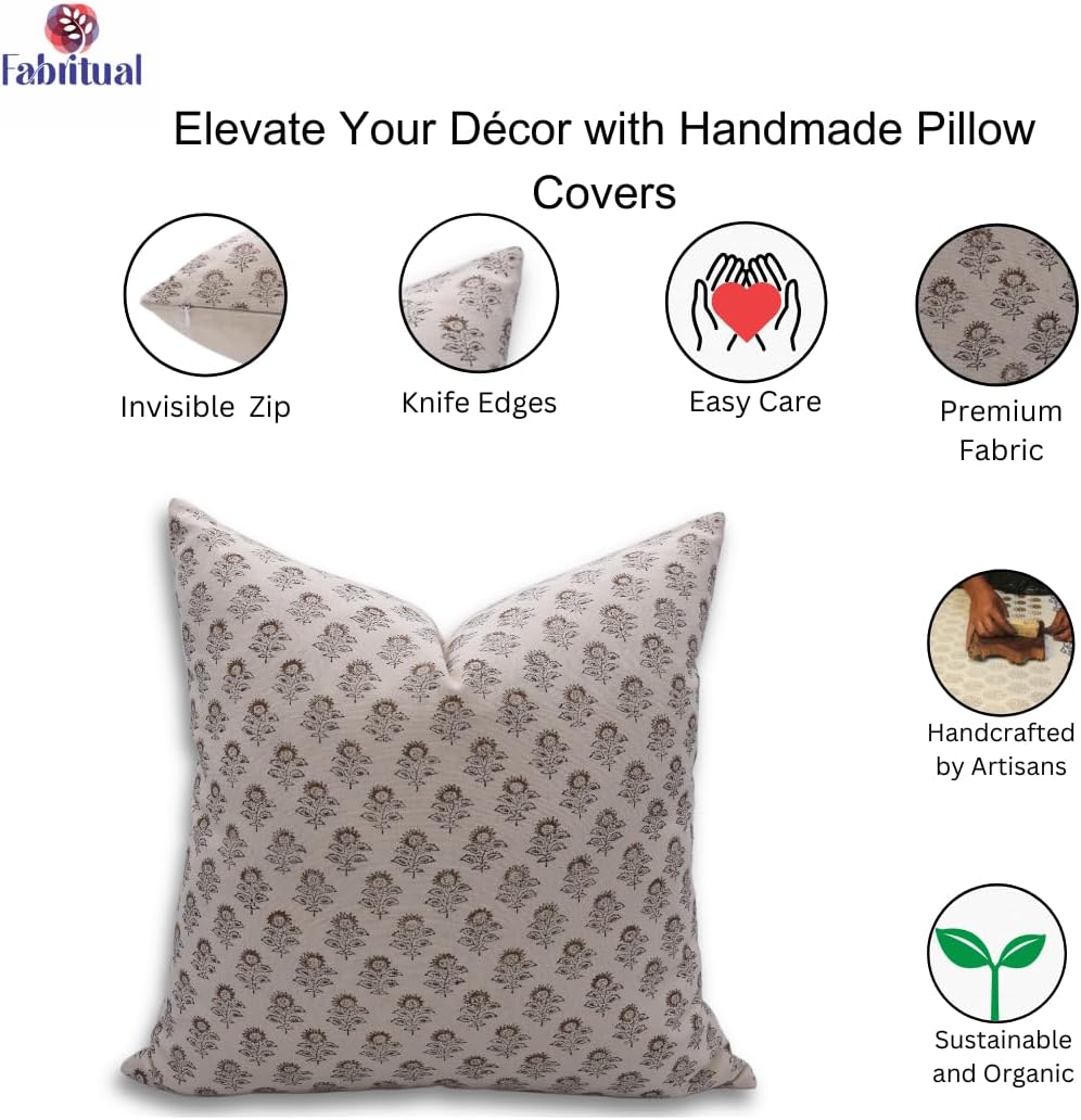 Pillow Covers Duck Canvas Fabric Vintage Handmade Block Floral Print 24x24 Inch Pillowcase Cushion Cover with Hidden Zipper for Living Room, Bedroom, Sofa, Couch (Mustard-Bagru Buti)