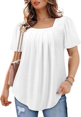 Miniatura 5 de BETTE BOUTIK Blusas de verano para mujer, de manga corta, plisadas, cuello cuadrado, túnicas, camisas, blusas, tallas S-3XL