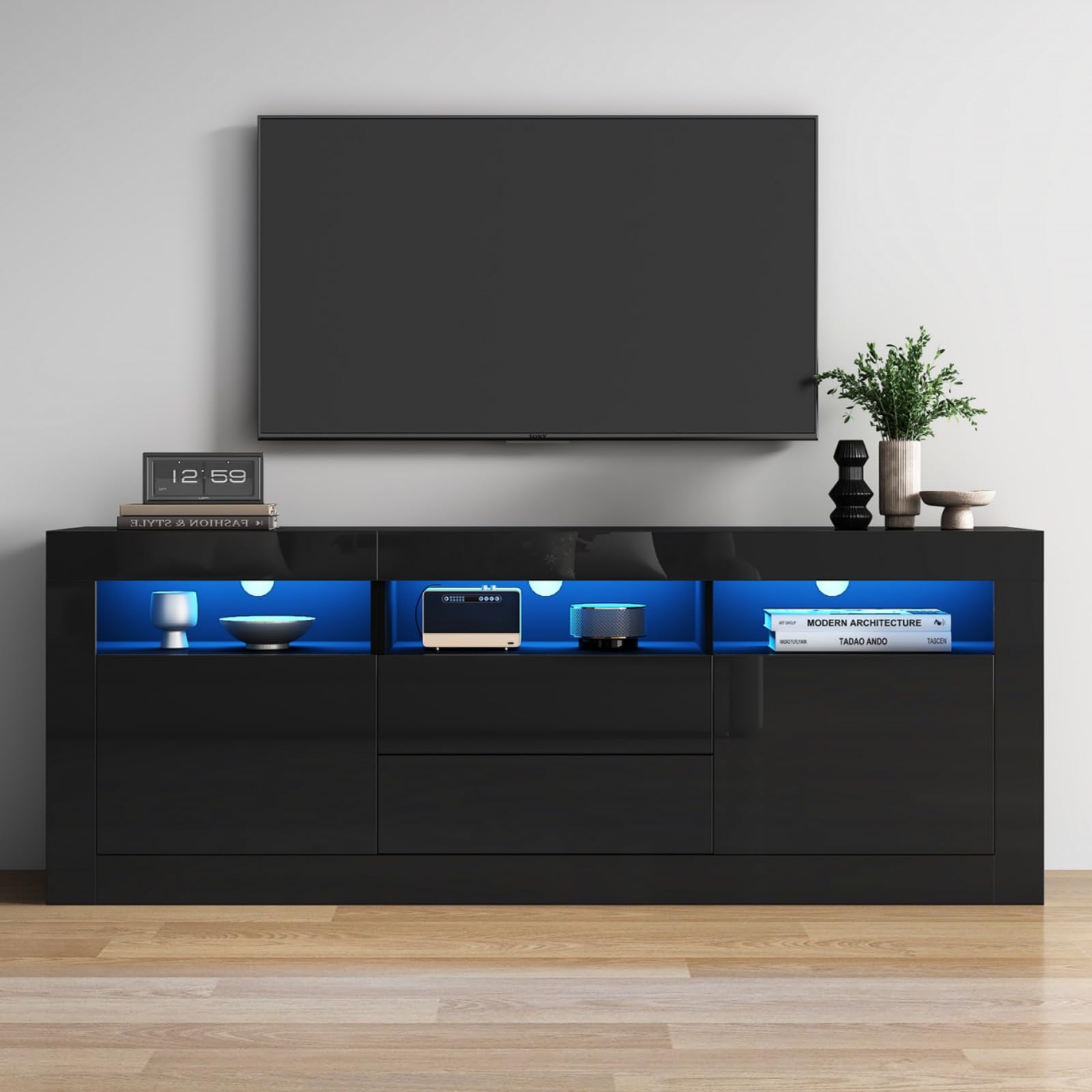 KOMHTOM Meuble TV 160 cm Longueur Noir avec LED et Rangement Table Television Salon avec Deux tiroirs et Portes Meuble de Salon Moderne (Noir, 160 x 35 x 60 cm)