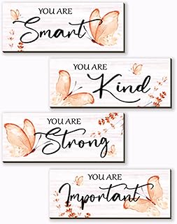 DONFENTHY 4 Pcs Butterfly Wall Decor Orange Room Decor Wooden Positive Decor with Butterfly Inspirational Word Sign for Teen Girls Women Room Bathroom Bedroom Office Decor(Orange10x4Inch)