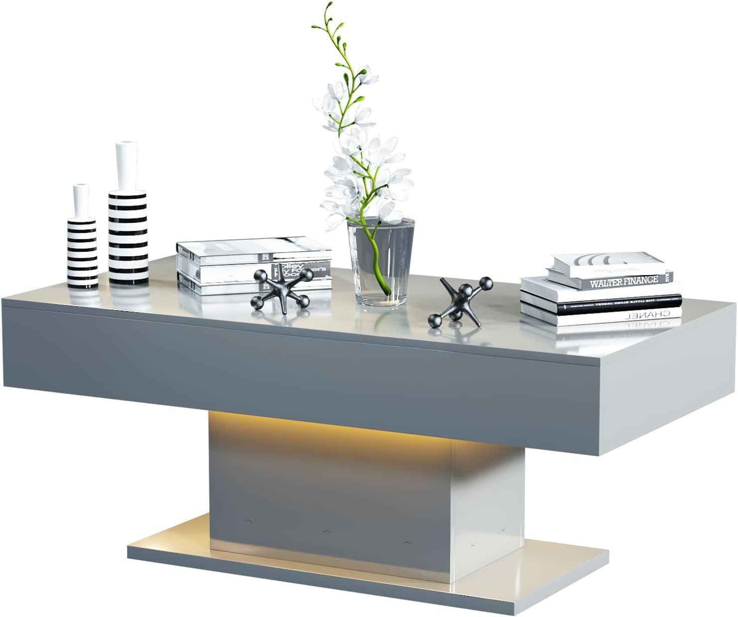 – Modern Grey Coffee Table for Living Room, Living Room Table Rectangular Center Table, High Glossy Wooden Coffee Tables with 16 Colors LED Lights for Dining Reception Room