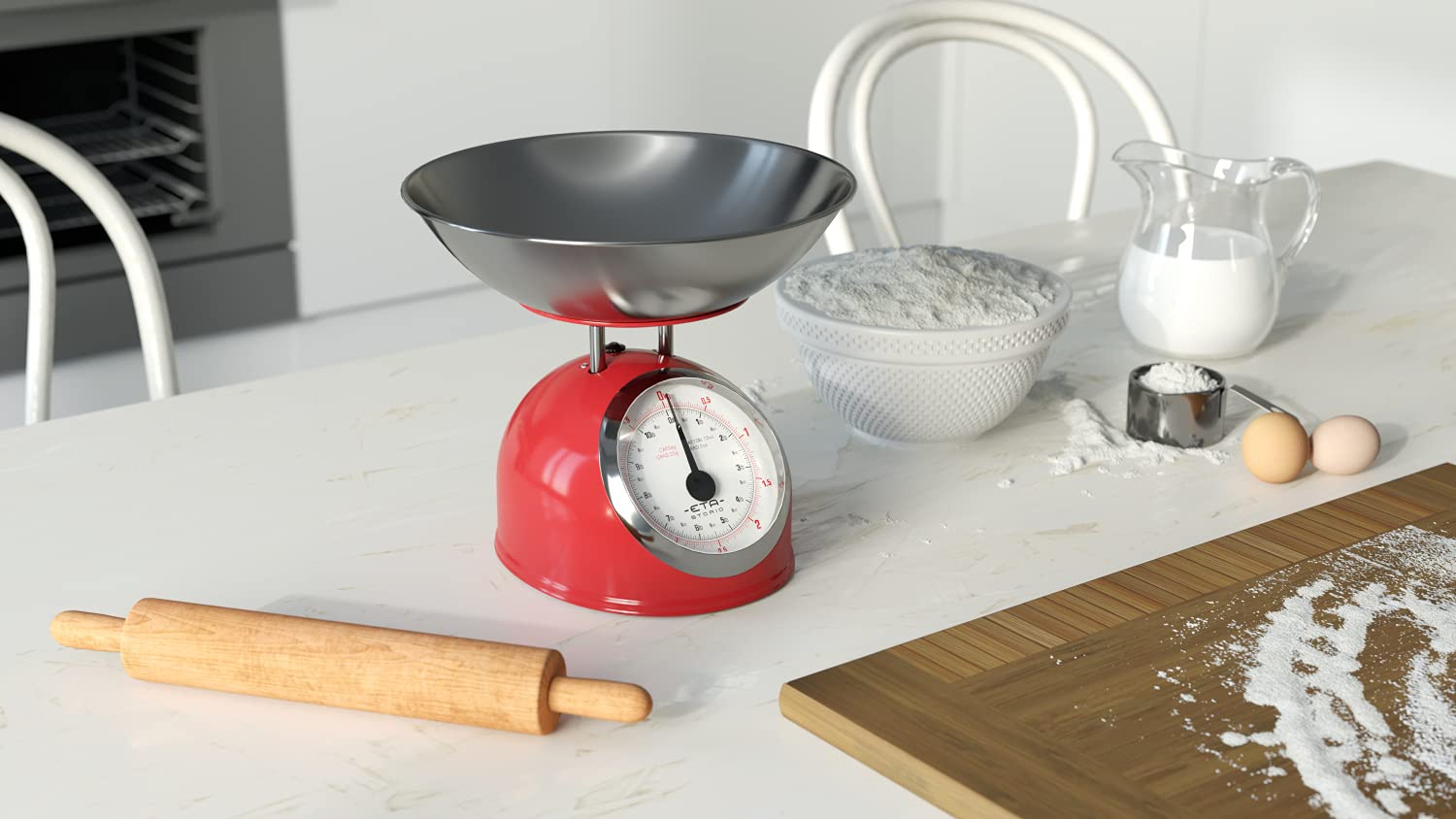 ETA STORIO - Báscula de Cocina Analógica Pesa Comida (Cuenco de Acero Inoxidable, 2 l, máx. 5 kg), Color Rojo