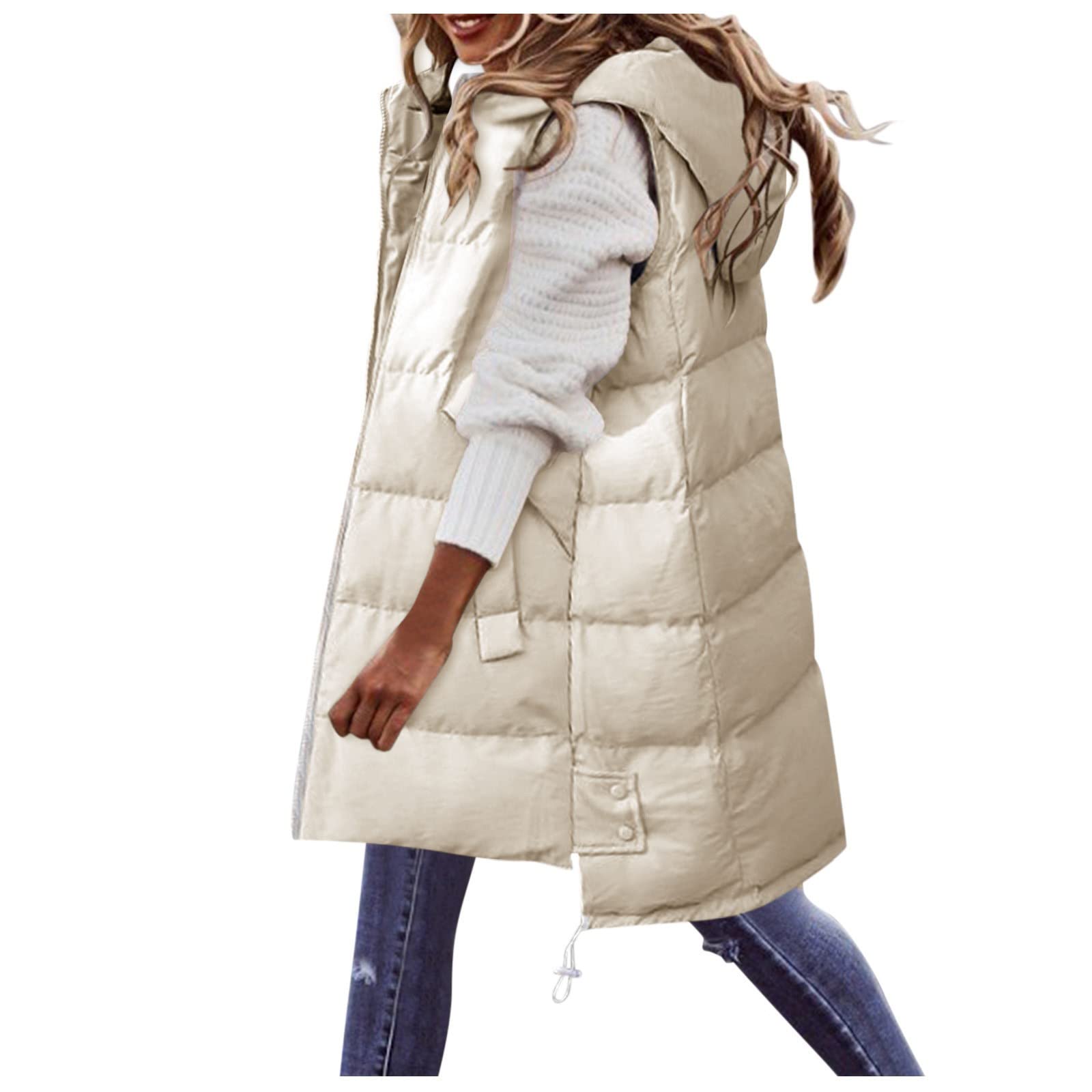 Chaqueta de longitud media para mujer, chaleco de plumón con capucha, chaleco largo sin mangas, chaleco acolchado largo, ligero, chaqueta de invierno para exteriores