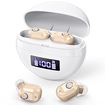 Rechargeable Hearing Aids for Seniors,OTC Invisible Digital Into Ear Hearing Loss for Adults,Sound Amplifiers with Intelligent Noise Reduction,Devices with LED Power Display Charging Box. Brown