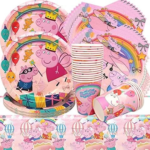 Doyomtoy Party Tableware Set, 61 Pieces Peppa Cartoon Pig Birthday Party Supplies Cups, Napkins, Tablecloth, for Peppa Pig Children's Birthday Party Decoration Baby Shower Cover