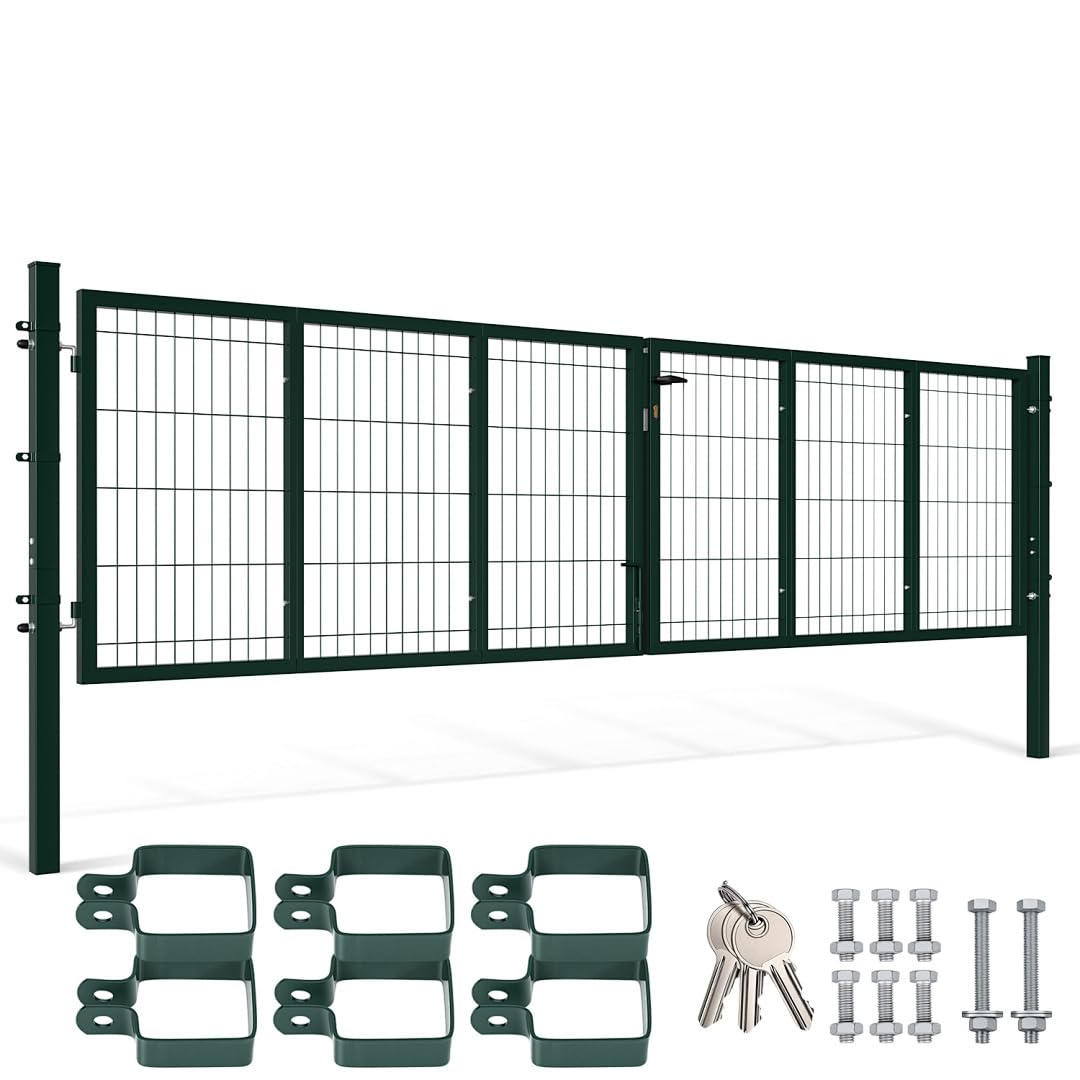 Gartentor metall, Doppelflügelig Gartentür, 350x100 cm, Vierkantrohr, für Landhaus/Pferdeweiden, für Doppelstabmattenzaun (Grün)