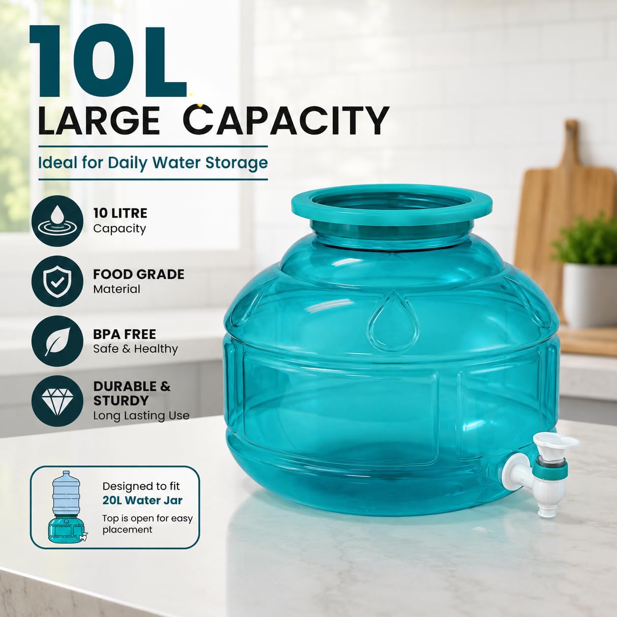 MAYUMI Plastic Water Dispenser Jar with Tap, Peacock Green, Unbreakable (Virgin Quality), 10 Liter, Green