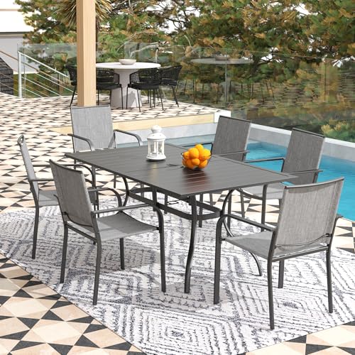 Image of Anmutig 7-Piece Outdoor Dining Set, Powder Coated Steel Table with 6 Stackable Sling Chairs, 63 x 38 Inch Table Grey Fabric