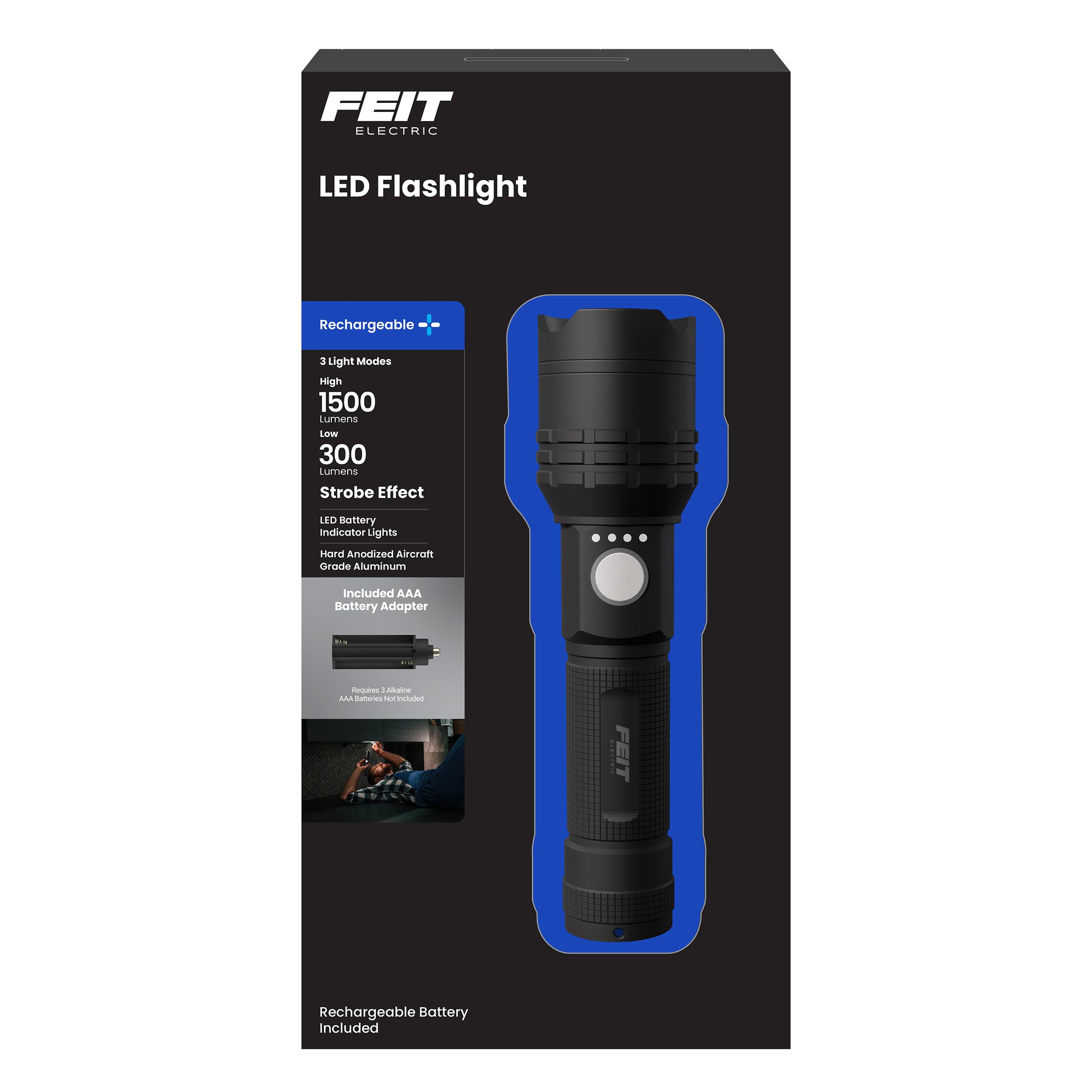 Feit Electric 6in Flex Power Flashlight, 1500 Lumens, Rechargeable & AAA Battery Compatible, USB-C Charging, Adjustable Beam, Aircraft-Grade Aluminum, Emergency Glass Breaker Bezel, FLR1500/FLEX-image-8