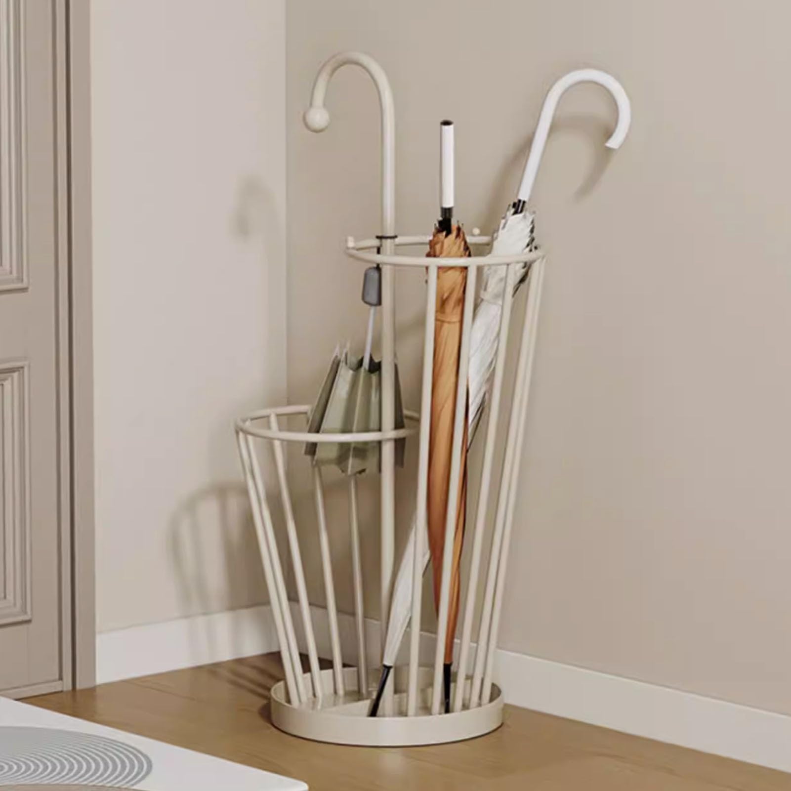 Cubo de metal para paraguas de entrada interior, soporte de paraguas de doble capa, organizador de paraguas que ahorra espacio para el hogar, oficina, apartamento