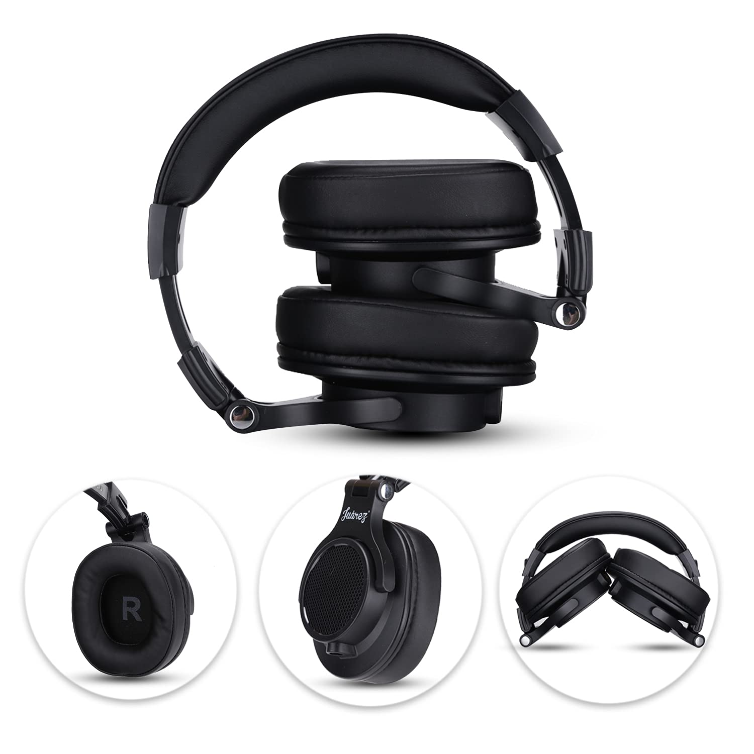 Juarez JRDJ400 Casque DJ filaire avec micro - Pilotes en néodyme de 40 mm, double jack 3,5 mm/6,35 mm, design pliable, câble enroulé et droit, Shareport, isolation du bruit, noir