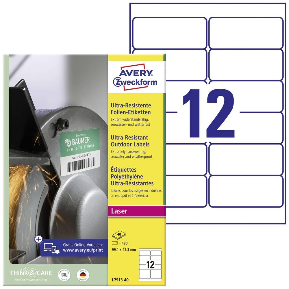 AVERY Zweckform L7913-40 Film Labels A4 480 Stickers Ultra Resistant 99.1 x 42.3 mm 40 Sheets White