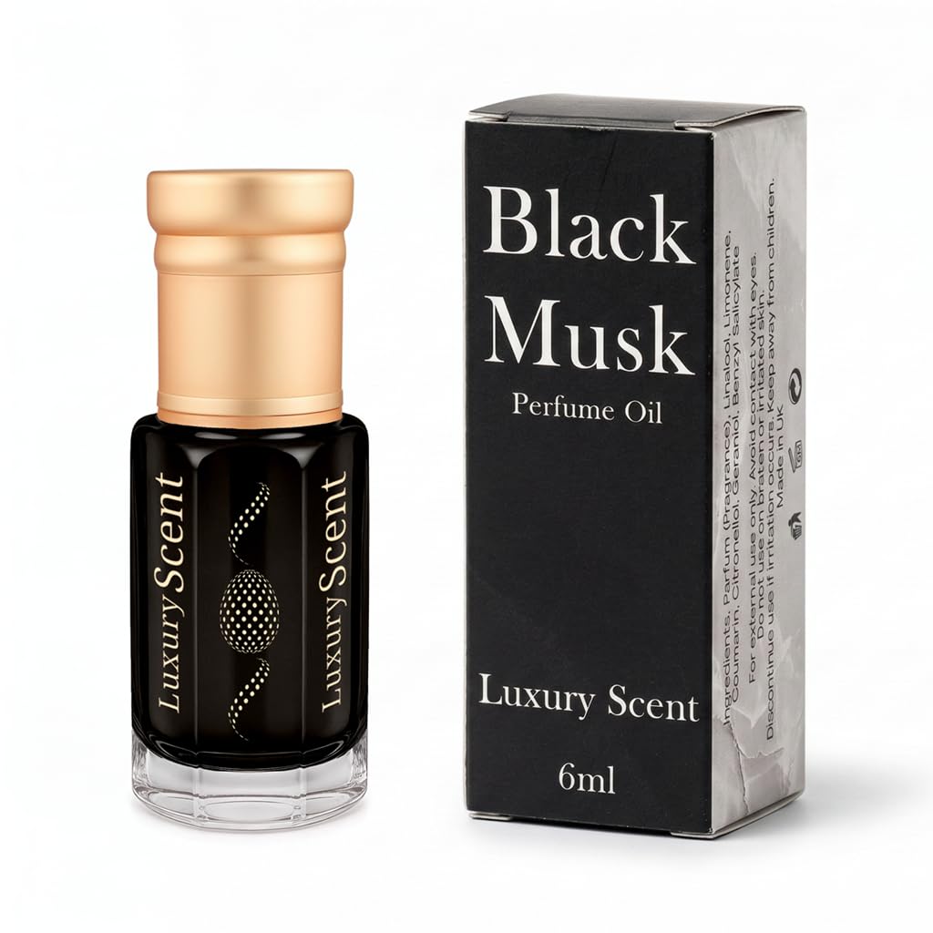 Perfume Oil Black Musk 6ml Roll-On by Luxury Scent – Long Lasting Alcohol-Free Unisex Attar with Dark Musky Amber Oriental Notes, Travel Size Arabian Inspired Fragrance with Velvet Gift Pouch