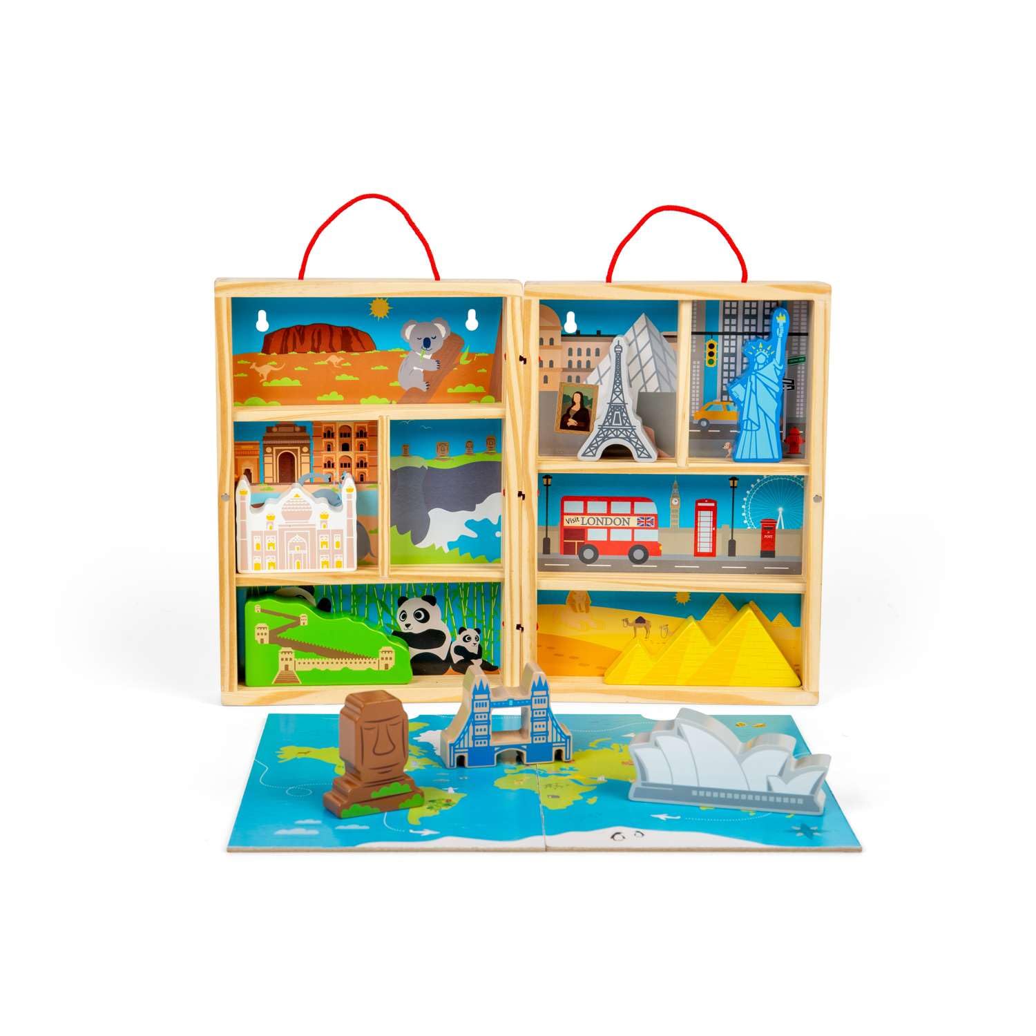 Bigjigs Toys Podróżny zestaw do zabawy – 10 szt. drewniany zestaw do zabawy z zabytkami świata i rozkładaną matą do zabawy, dla małych dzieci i dzieci, przyjazna w podróży zabawka, zestaw Montessori