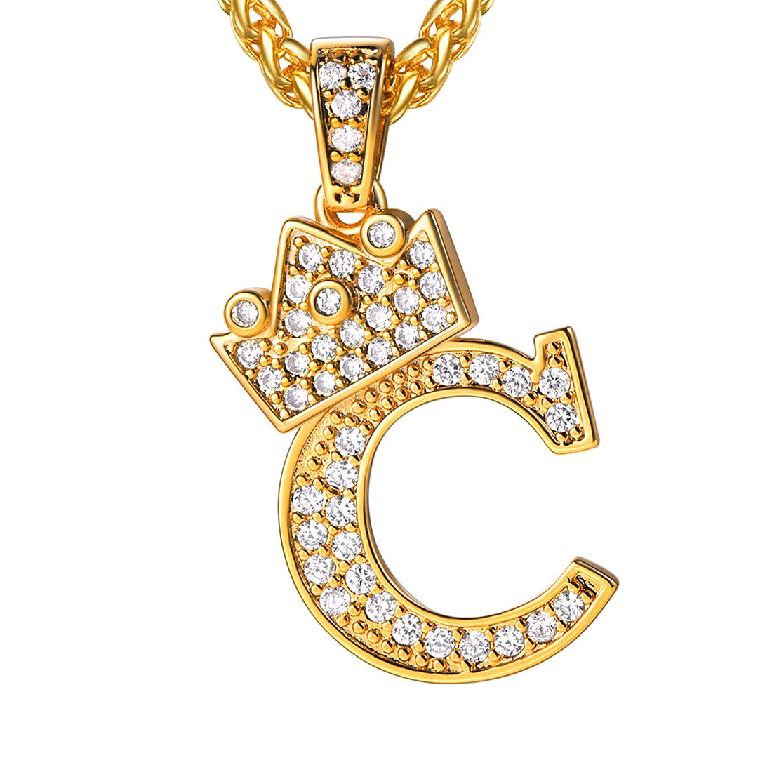 Crown Initial Necklace Men Women, Bling Diamond A-Z 0-9 Letter Pendant with Wheat Chain, Silver/Black/Gold Plated CZ Alphabet Number Hip Hop Jersery for Father Husband