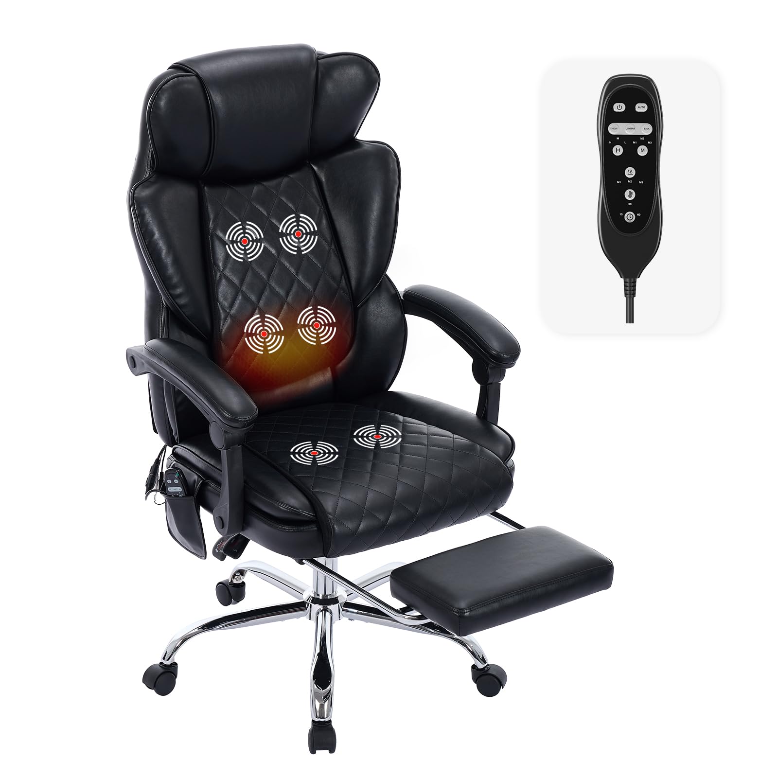 COLAMY Bürostuhl Ergonomisch mit Massagefunktion, Ergonomischer Schreibtischstuhl mit Heizfunktion, Chefsessel mit Fußstütze, 360° Drehstuhl, 94-125° Verstellbarer Rückenlehne, für Office, Schwarz