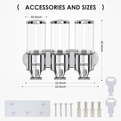 Miniatura 6 de Dispensador de champú y acondicionador, dispensador de jabón de ducha de 3 cámaras de 50.7 fl oz con ventana transparente, instalación sin taladrar