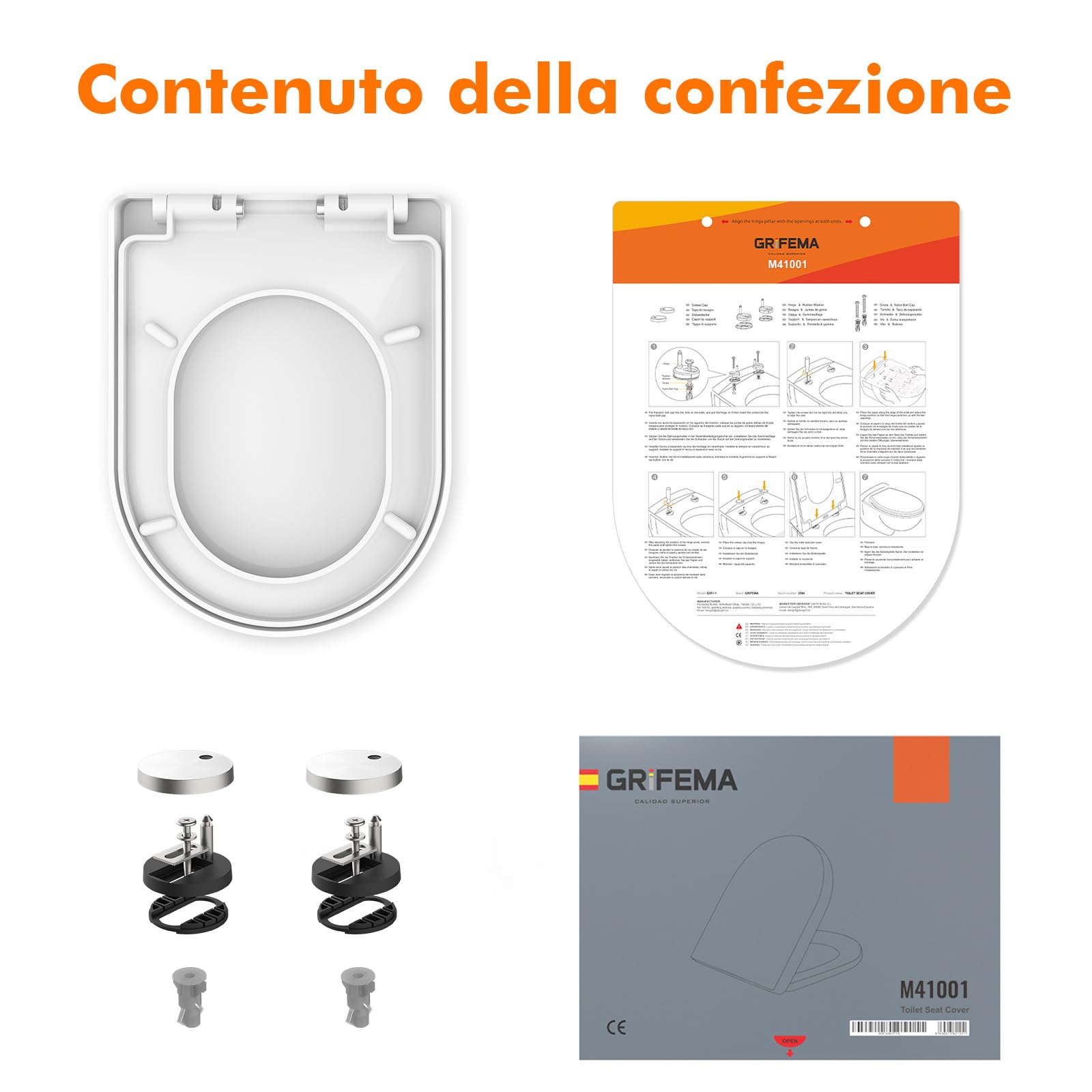 Ibergrif M41001 Sedile WC, Copriwater Universali D Forma, Tavoletta WC con Chiusura Ammortizzata Soft-Close, Sgancio Rapido, Plastica Antibatterico Facile da Pulire, Bianco