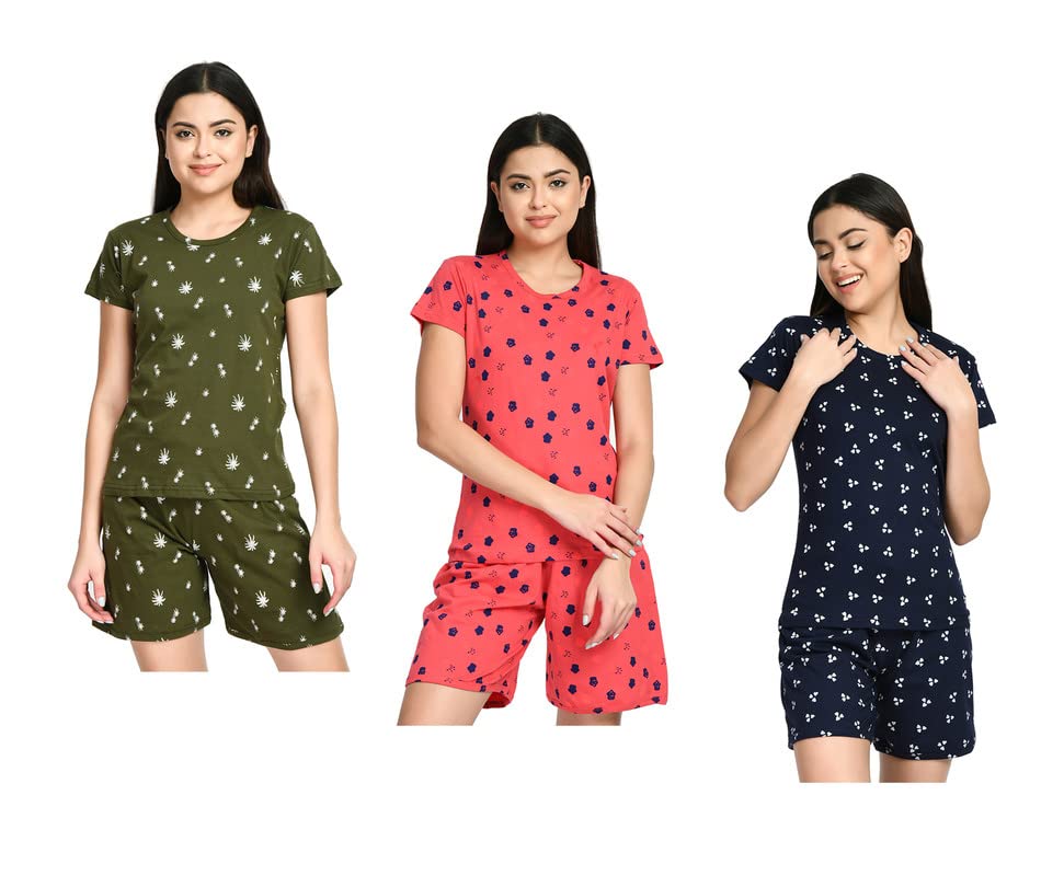 Image of IndiWeaves Cotton Printed Tops and Shorts Set Night Suit for Women (Pack of 3) Green::Caret::Dark Blue