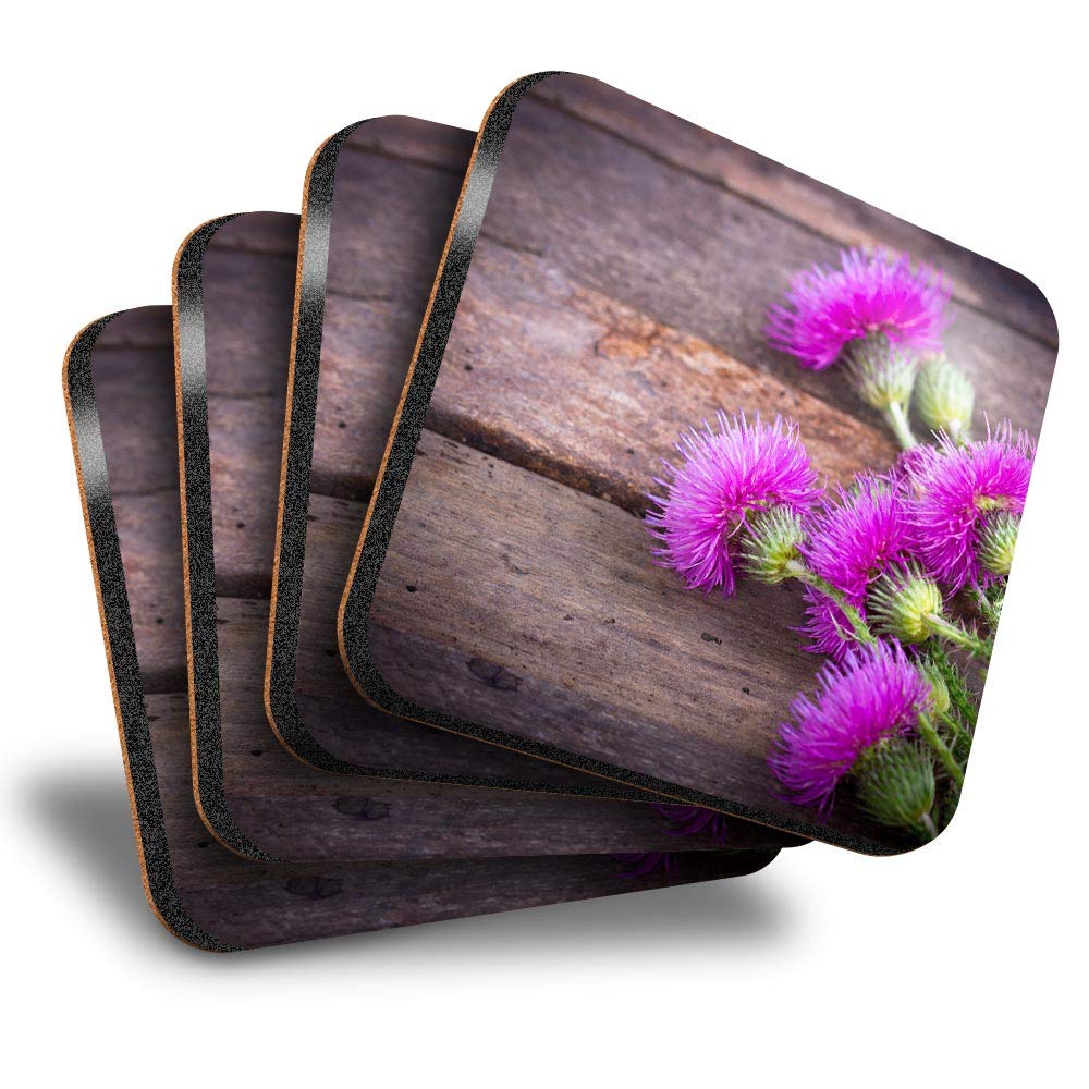 Destination Vinyl Ltd Great Coasters (Set of 4) Square - Purple Scottish Thistle Drink Glossy Coasters/Tabletop Protection for Any Table Type #3645