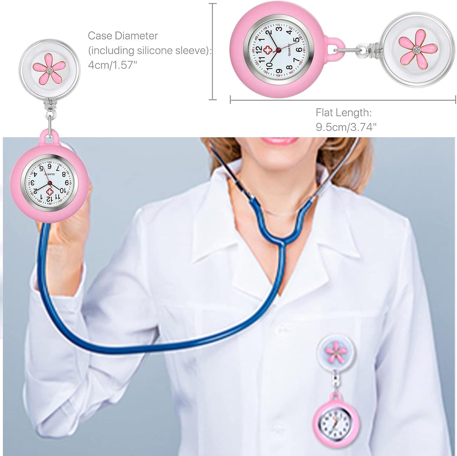 WONOLO Retractable Nurse Fob Watch for Nurses Doctors Paramedics 2 Pcs Luminous Clip-on Hanging Lapel Pocket Watches with Cute Flower Pattern - Image 4