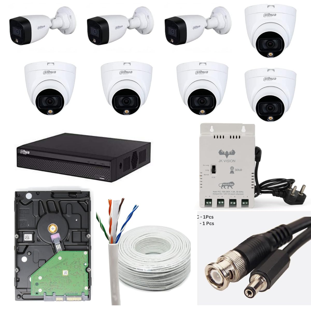 DAHUA 2MP with Color HD CCTV Camera Full Set 3 Bullet 5 Dome 8 Channel DVR JK Vision Power Supply 1TB Hard Disk 90 Meter Cable BNC/DC Connector
