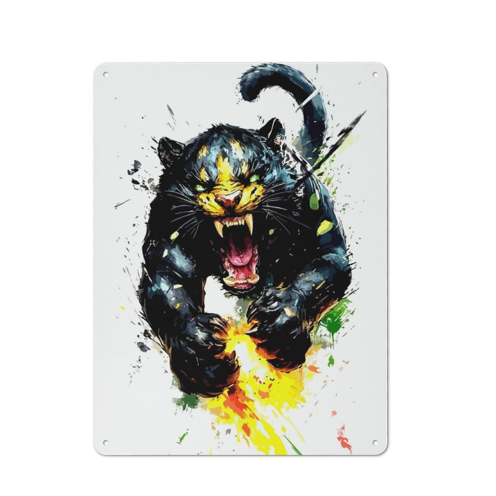 Junmoney Roaring Black Panther Digital Art Printed Metal Sign 40X30cm For Lounge Or Reading Corner, A Winter Wall Decor Update For Reading Corner Decorators
