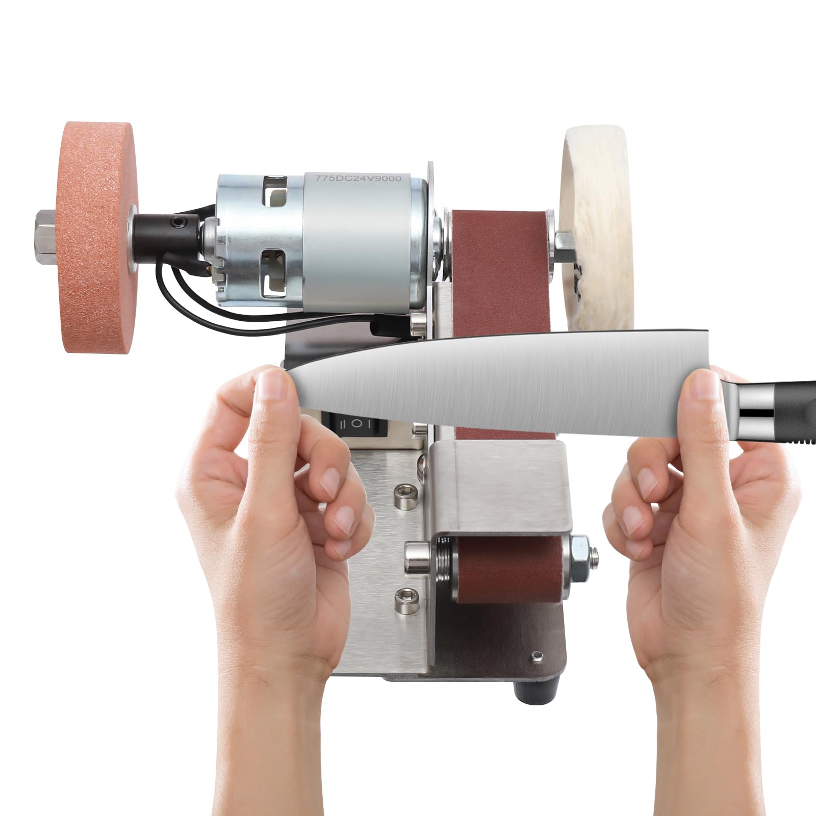 Lijadora de banda eléctrica, lijadora de banda, afilador de cuchillos eléctrico, 7 velocidades ajustables, 45 grados ajustables, para metal, madera, manualidades, herramientas y afilado de cuchillos