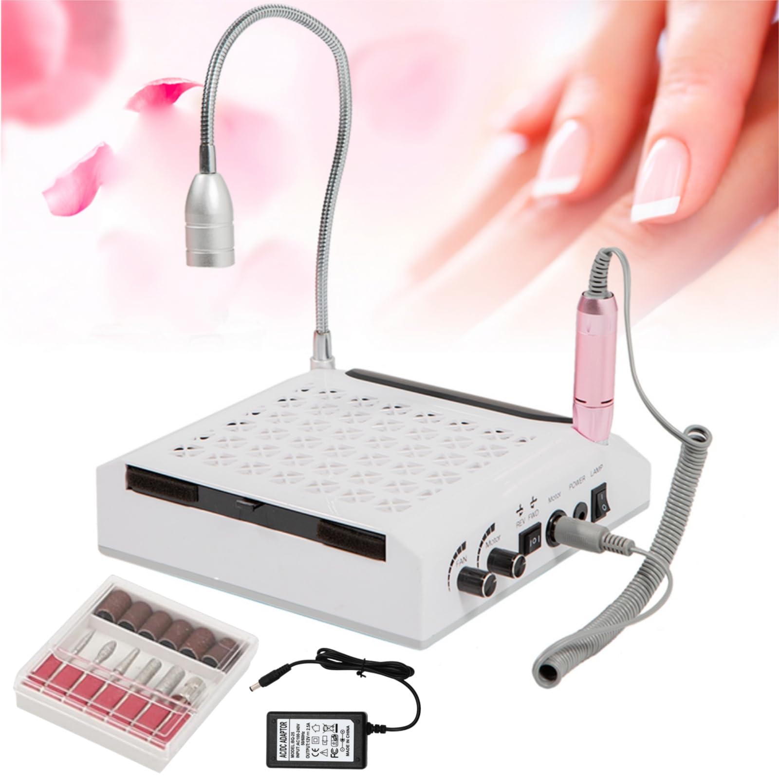 Macchina per unghie professionale 4300RPM 80 W trapano elettrico per unghie 4 in 1 con 6 teste abrasive, luce a LED e maniglia, per saloni di unghie, casa