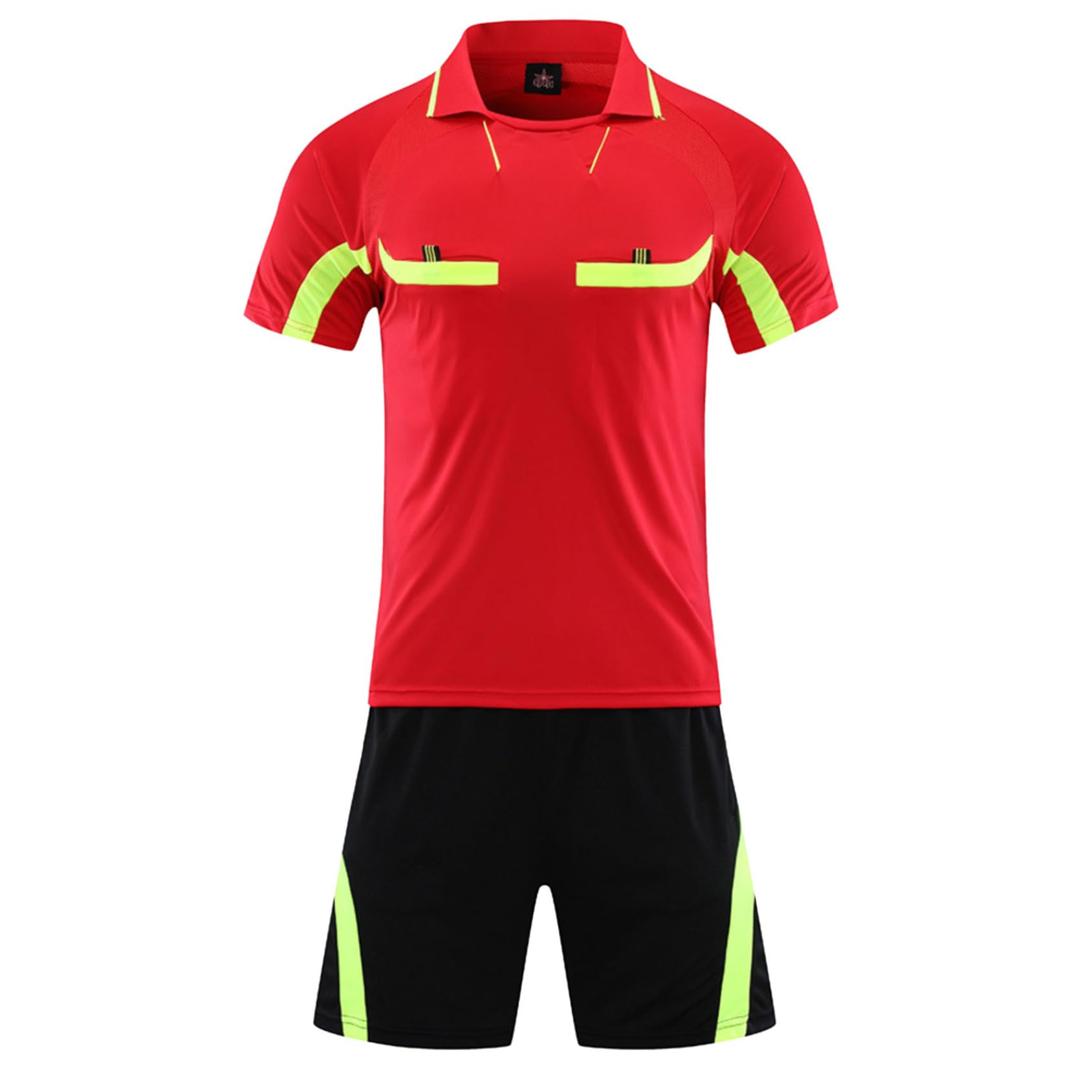 Vxuxlje Maglia Arbitro Uomo Colletto Rovesciato Maniche Corte Maglia Arbitro Calcio Completo E Pantaloncini con Tasche