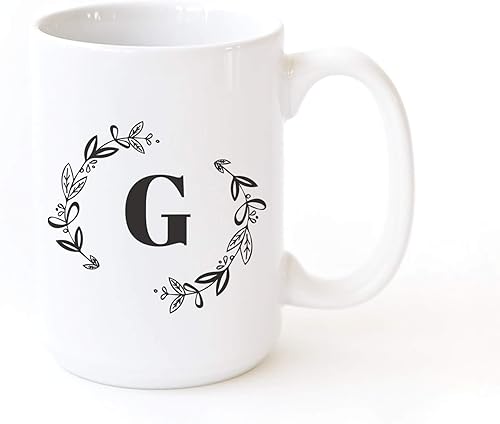 Miniatura 1 de The Cotton & Canvas Co. Taza de café de cerámica con monograma botánico con letra inicial G, taza de café de porcelana, para ella, para él