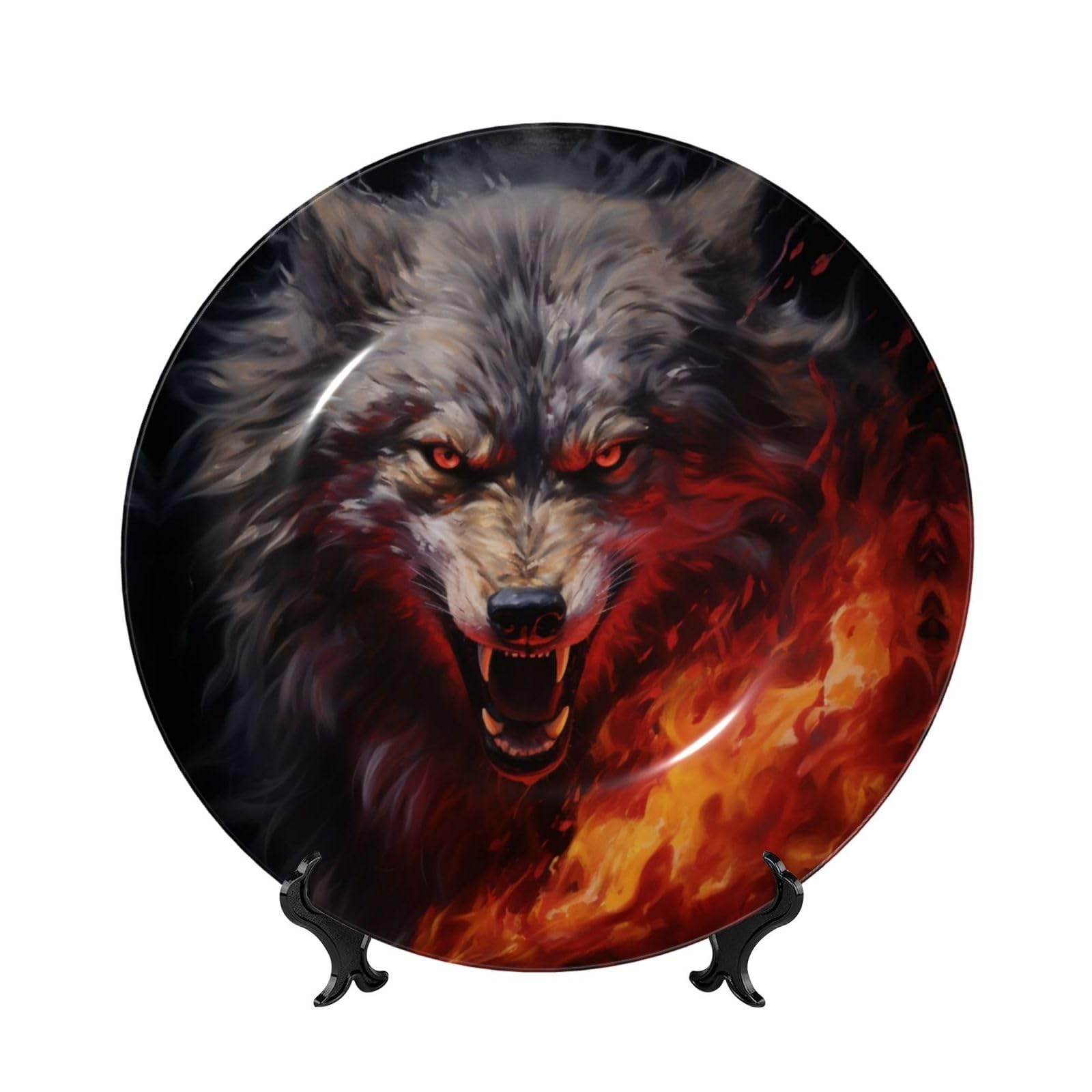 SXZVVBN Wolves in the Flame Roar Bone China Decorative Plate Art with Stand Removable Adhesive Hanging for Home Office 7in