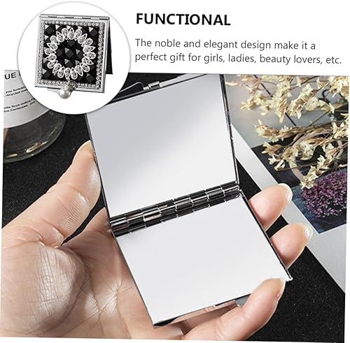 Double Sided Travel Makeup Mirror with Pearl Pendant - Black