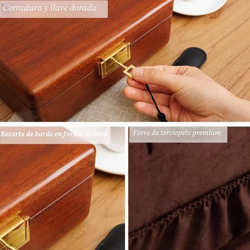 Bescott Joyero de madera para mujer, sólido con cerradura de terciopelo y llave, 2 capas, organizador de joyas de madera vintage, almacenamiento para aretes, anillos, collares, pulseras