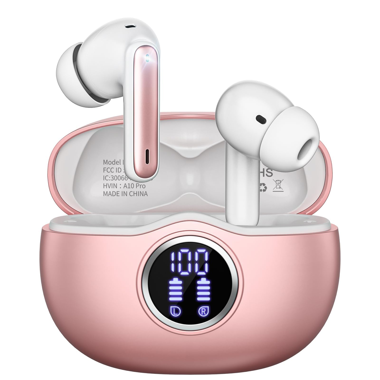 Wireless Earbuds, Bluetooth 5.3 Headphones HiFi Stereo 50H Playback LED Digital Display Ear Buds with ENC Noise Canceling Headset, IPX7 Waterproof Earphones for Gym/Running/Work (White) — view 9
