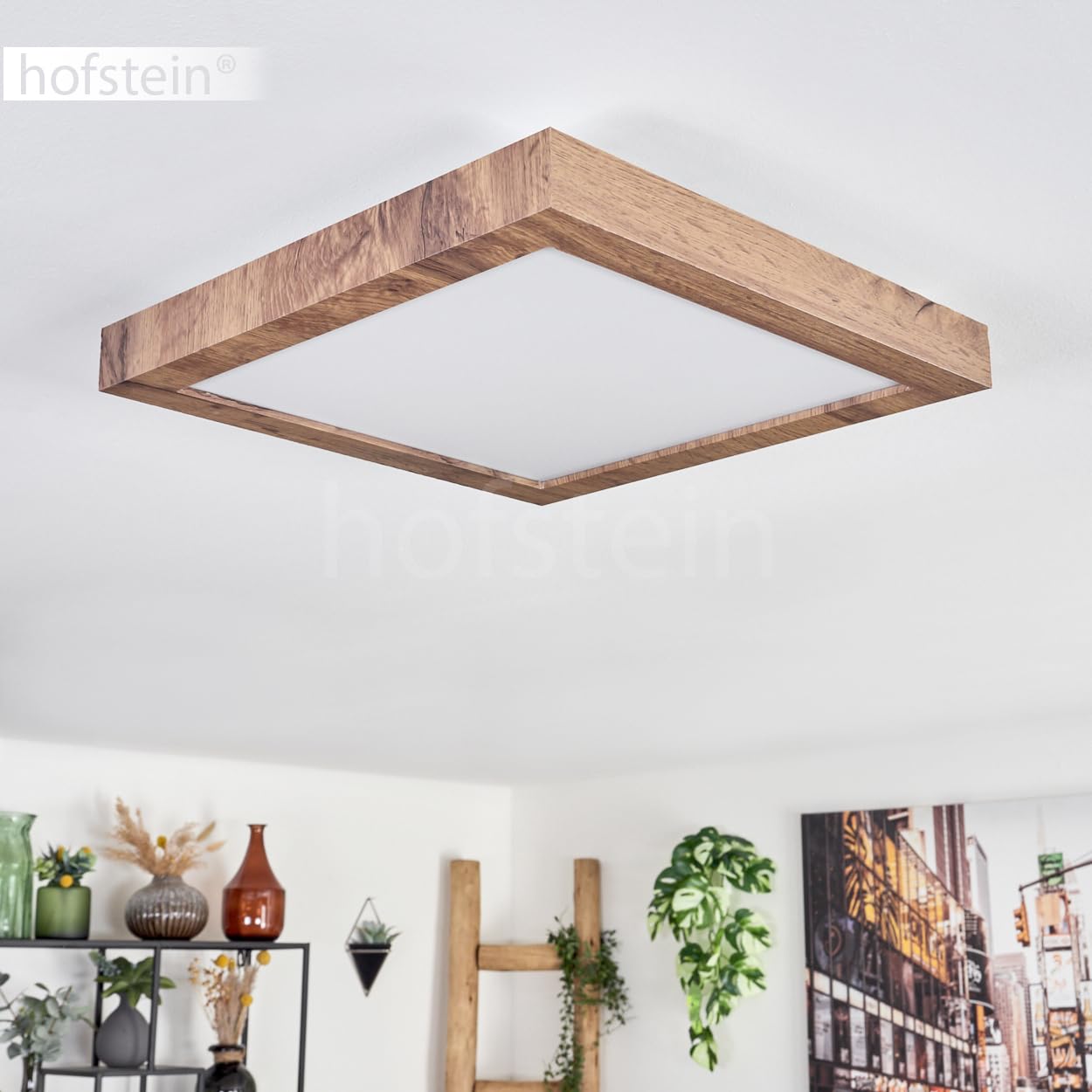 Plafón LED Bealeton, moderno plafón de metal/MDF/plástico en negro/madera/blanco, luminaria angular de diseño escandinavo (35 cm x 35 cm), 1800 lúmenes, 3000 Kelvin, LED 16 vatios