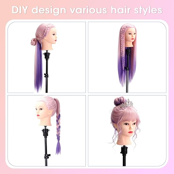 Cabeza de Maniquí de Peluquería, TopDirect 29"/75cm Cabeza Maniquí 100% de Cabello Sintética Cabeza de Muñeca para Peinar y Maquillar Practicas Formación con Soporte de Mesa y Accesorios(Rosa Violeta) - 2