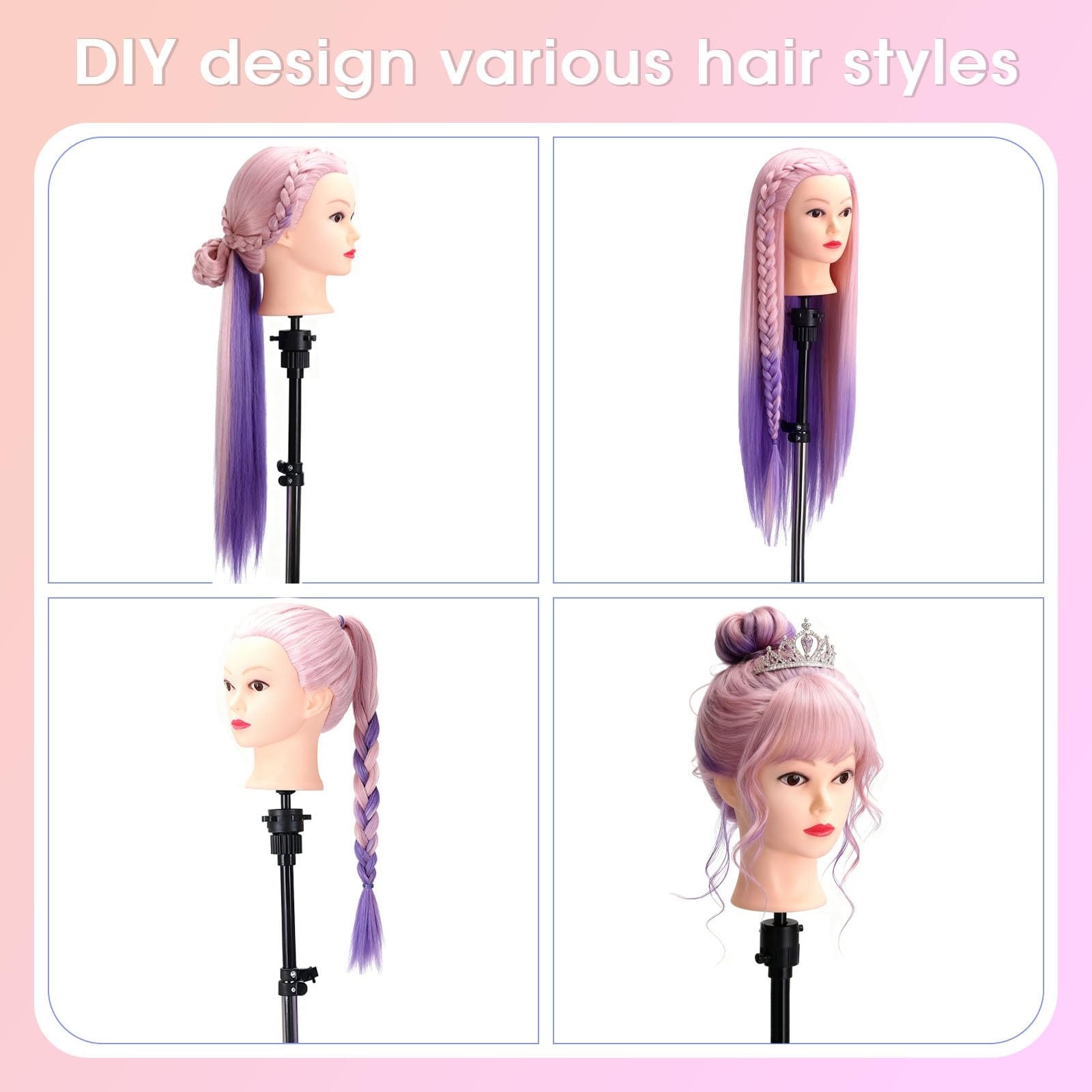 Cabeza de Maniquí de Peluquería, TopDirect 29"/75cm Cabeza Maniquí 100% de Cabello Sintética Cabeza de Muñeca para Peinar y Maquillar Practicas Formación con Soporte de Mesa y Accesorios(Rosa Violeta) — view 2