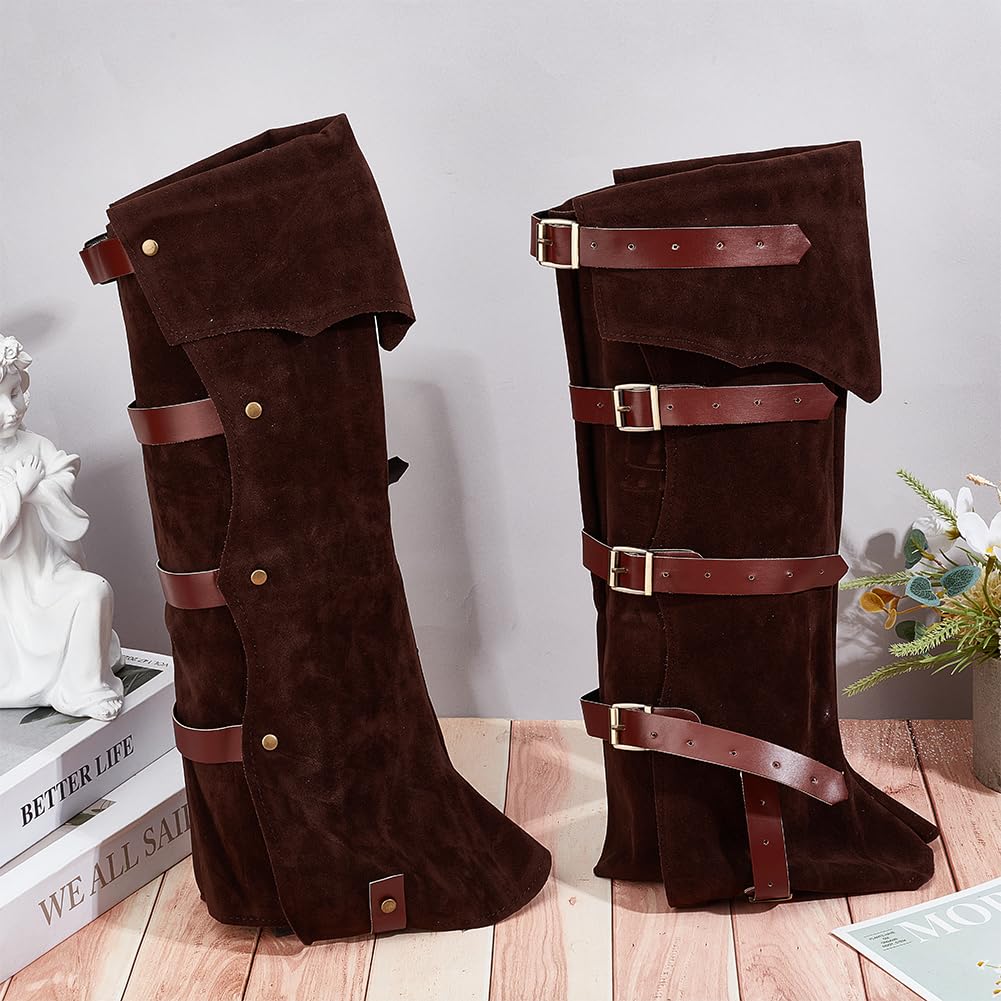 GORGECRAFT 2 Stück Piraten Beinschützer Gamaschen Steampunk Mittelalter Stiefelüberzüge Renaissance Cosplay Kunstleder Beinwärmer Wraps Schuhüberzug Für Stiefel Halloween Kostüm Ritter Kokosnussbraun
